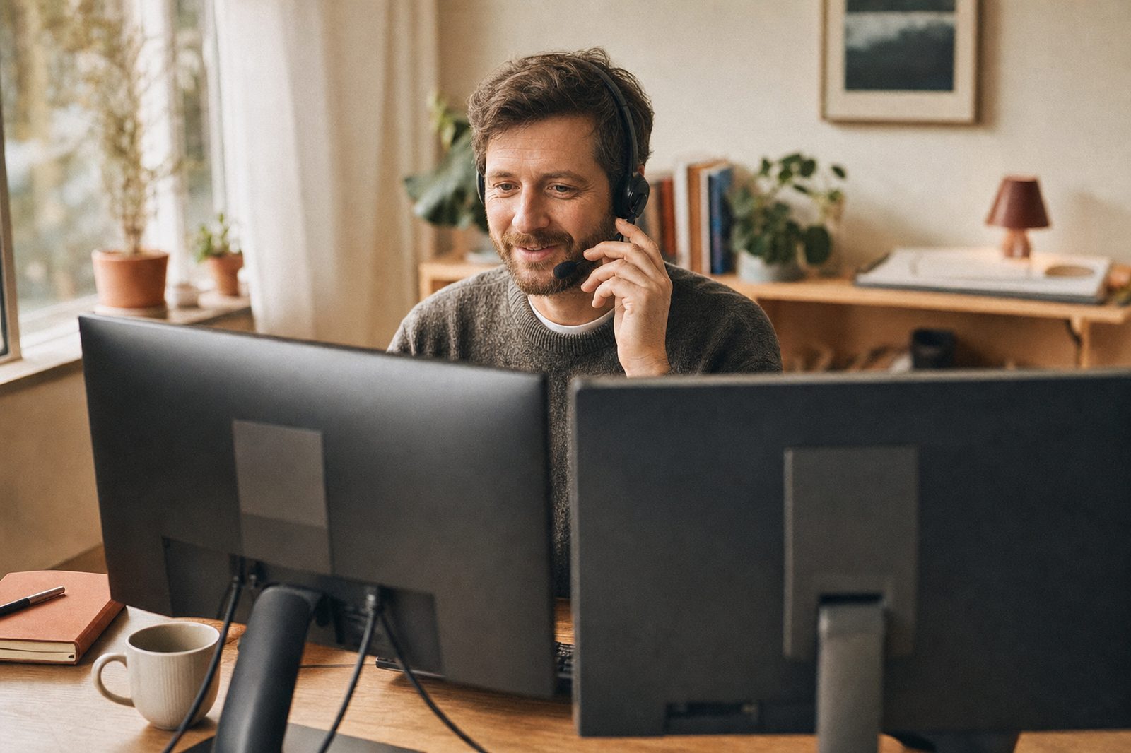 An IT specialist at a tidy desk speaking warmly with a client over a headset